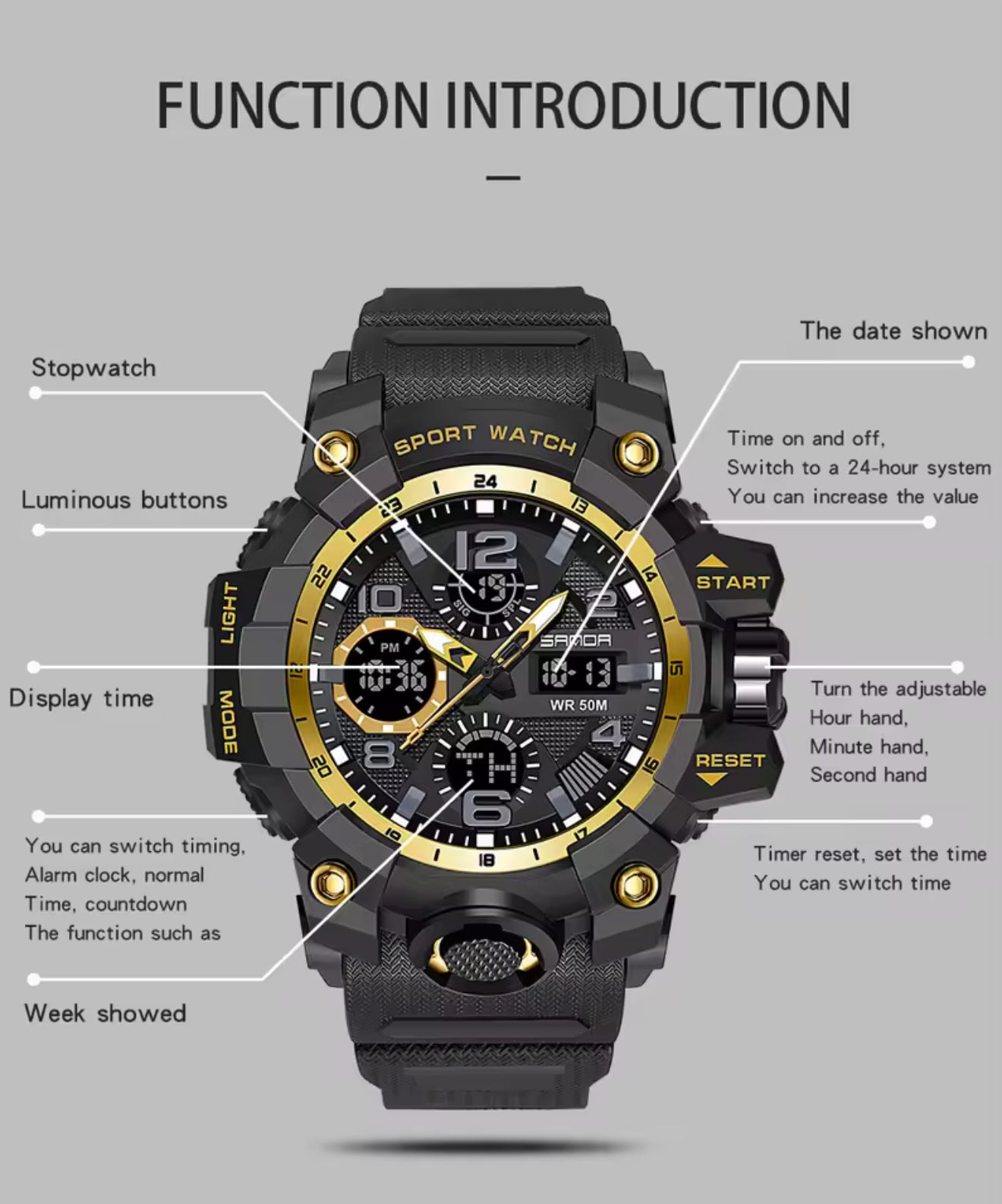 SANDA Military G Style Waterproof Sports Watch With Dual Display And LED Luminous