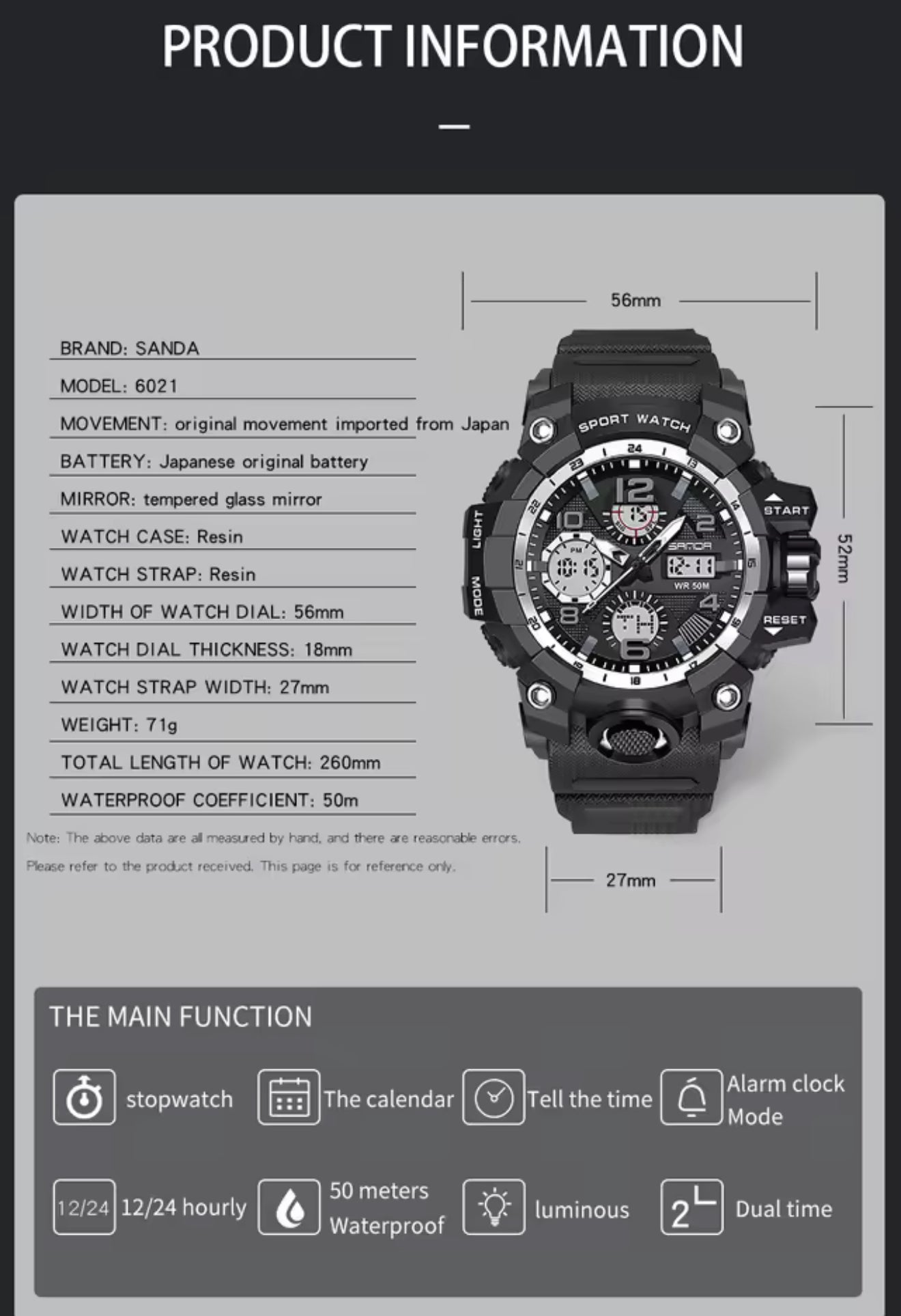 SANDA Military G Style Waterproof Sports Watch With Dual Display And LED Luminous